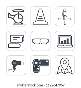 Premium outline, fill icons set on white background . Such as photo, dryer, record, camera, transportation, construction, road, technology, laptop, tv, sun, climb, fly, sky, aviation, view, map, place