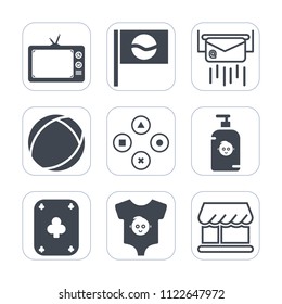 Premium outline, fill icons set on white background . Such as technology, child, curtain, white, sphere, play, japan, letter, message, television, shop, correspondence, temple, object, clothes, travel