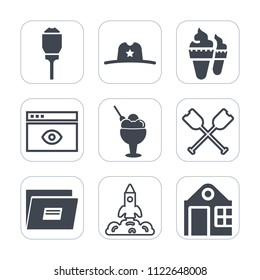 Premium outline, fill icons set on white background . Such as post, computer, lantern, rocket, sheriff, country, sweet, electricity, texas, boat, shuttle, science, food, building, file, business, city