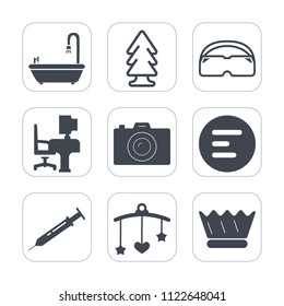 Premium outline, fill icons set on white background . Such as technology, toy, pine, crown, sport, camera, equipment, green, app, menu, office, photography, mobile, photo, nature, newborn, bed, toilet