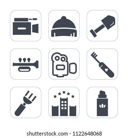 Premium outline, fill icons set on white background . Such as music, care, film, microphone, bed, beauty, cap, fashion, baseball, trumpet, camera, screwdriver, dinner, hat, style, health, clothing