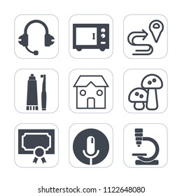 Premium outline, fill icons set on white background . Such as record, music, map, microscope, building, biology, food, toothbrush, radio, nature, edible, road, certificate, direction, hygiene, gps