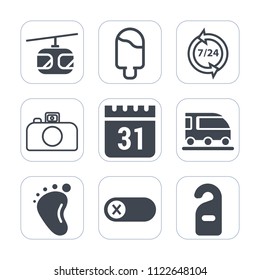 Premium outline, fill icons set on white background . Such as summer, call, blue, strawberry, cream, transportation, help, railway, camera, small, calendar, vanilla, day, white, privacy, transport