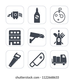 Premium outline, fill icons set on white background . Such as astronaut, house, bottle, knife, red, work, drink, container, kitchen, wine, architecture, security, safety, flag, surveillance, liquid