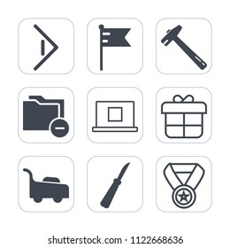 Premium outline, fill icons set on white background . Such as right, holiday, button, arrow, america, award, grass, knife, spanner, profile, file, next, reward, business, box, hammer, document, usa