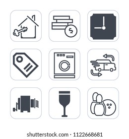 Premium outline, fill icons set on white background . Such as key, tag, appliance, housework, food, house, transportation, bowling, glass, game, business, sport, clock, home, label, machine, currency