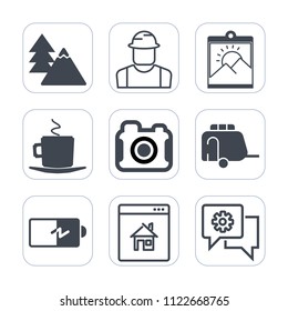 Premium outline, fill icons set on white background . Such as online, camera, plant, train, nature, blank, professional, pine, trunk, transportation, communication, mobile, photography, estate, green