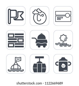 Premium outline, fill icons set on white background . Such as flag, nutrition, plastic, bottle, train, nation, audio, water, banner, fahrenheit, bed, usa, service, red, thermometer, sun, degree, room
