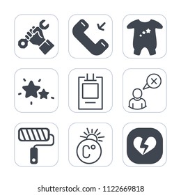 Premium outline, fill icons set on white background . Such as online, paint, message, sign, brush, foreman, outgoing, temperature, child, occupation, scale, work, clothes, builder, roll, web, industry