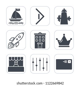 Premium outline, fill icons set on white background . Such as business, shuttle, button, equality, mail, food, arrow, sign, board, market, estate, next, royal, wind, web, internet, right, surfing