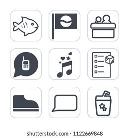 Premium outline, fill icons set on white background . Such as box, footwear, talk, food, culture, conference, checklist, note, communication, presentation, fashion, fishing, bubble, juice, music, asia