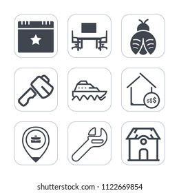 Premium outline, fill icons set on white background . Such as event, party, success, space, sea, location, water, office, notebook, screwdriver, fly, house, boat, building, price, decoration, estate
