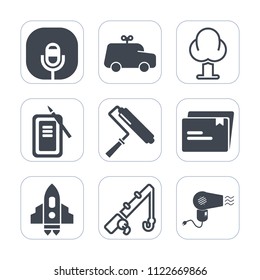 Premium outline, fill icons set on white background . Such as kid, cute, dryer, space, sound, tree, nature, file, ink, sign, sport, roller, landscape, hairdryer, paper, reel, radio, toy, game, car