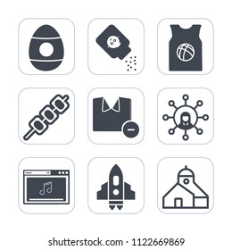 Premium outline, fill icons set on white background . Such as care, spaceship, online, space, meat, display, basketball, technology, rocket, craft, male, celebration, talcum, clothes, sport, baby, egg