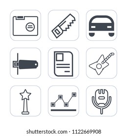 Premium outline, fill icons set on white background . Such as guitar, car, automotive, success, blank, digital, drill, flash, medal, file, building, card, empty, musical, microphone, memory, id, paper