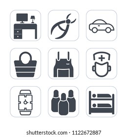 Premium Outline, Fill Icons Set On White Background . Such As Medicine, Ball, Cone, Top, Uniform, Dentist, Watch, Hospital, Pinafore, Taxi, Business, Leather, White, Hostel, Notebook, Car, Apron, Hand