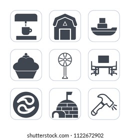 Premium outline, fill icons set on white background . Such as kitchen, equipment, shovel, table, old, mon, boat, machine, air, fan, staple, snow, business, food, vessel, sea, japanese, ocean, ship