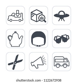 Premium outline, fill icons set on white background . Such as transportation, trend, tea, garden, helmet, kettle, space, market, highway, alcohol, belt, hot, data, report, work, beer, loud, cut, ufo