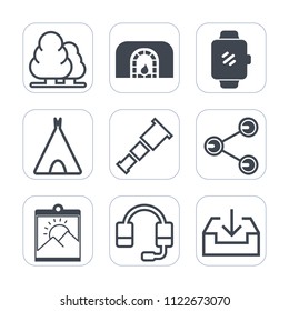 Premium outline, fill icons set on white background . Such as sky, blank, home, christmas, screen, warm, night, tent, tree, frame, outdoor, share, headset, forest, photo, gadget, astronomy, trunk, web