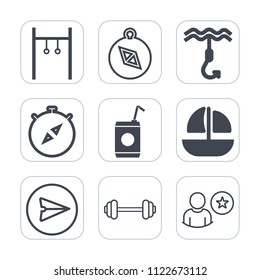 Premium outline, fill icons set on white background . Such as email, sport, equipment, hook, refreshment, soft, message, north, athlete, internet, silhouette, direction, web, gym, nautical, east, fish