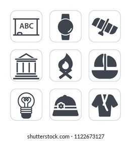 Premium outline, fill icons set on white background . Such as device, campfire, sign, touch, ship, hat, space, technology, watch, blackboard, sea, smart, banking, vessel, electric, empty, lightbulb