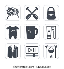 Premium outline, fill icons set on white background . Such as hygiene, sweet, sea, candy, health, flame, care, food, oar, sport, baby, bonfire, hot, water, lollipop, cup, tea, river, clothing, rowing