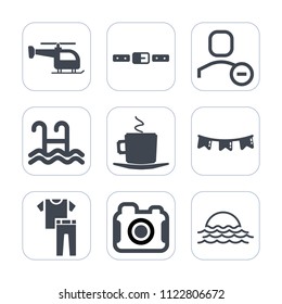 Premium outline, fill icons set on white background . Such as landscape, photo, flight, pictogram, cafe, collection, pool, background, clothing, transport, fasten, clothes, happy, water, sun, delete