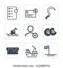 Premium outline, fill icons set on white background . Such as sweet, sea, purchase, investment, document, cookie, home, tool, buoy, food, pie, delete, bank, gardening, ocean, war, ship, lifebuoy, cake