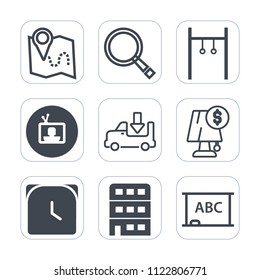 Premium outline, fill icons set on white background . Such as house, sport, search, gps, silhouette, shipping, transport, exercise, city, technology, hour, background, pin, board, athlete, electricity