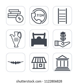 Premium outline, fill icons set on white background . Such as step, banking, jug, building, seedling, finance, up, headset, estate, house, phone, bank, currency, center, coin, vehicle, support, home