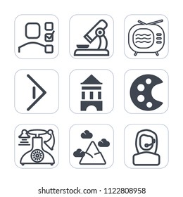 Premium outline, fill icons set on white background . Such as list, lab, biology, old, arrow, mountain, electric, blue, landscape, management, tower, call, television, medical, equipment, personal, tv