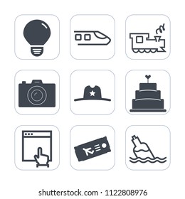 Premium outline, fill icons set on white background . Such as bottle, food, energy, dessert, texas, click, water, west, web, website, technology, light, cowboy, illumination, bulb, photography, liquid