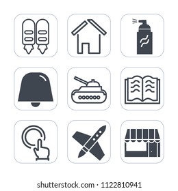 Premium outline, fill icons set on white background . Such as war, market, technology, architecture, page, wallpaper, grocery, spaceship, paint, finger, spray, paper, army, real, rocket, click, estate