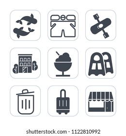 Premium outline, fill icons set on white background . Such as fresh, fish, bag, fishing, icecream, recycling, kayak, baggage, trash, airport, river, architecture, travel, sport, estate, food, water