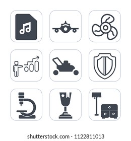 Premium outline, fill icons set on white background . Such as departure, personal, gardening, growth, sofa, transportation, furniture, fan, research, graphic, success, air, grass, lawn, achievement