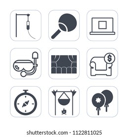 Premium outline, fill icons set on white background . Such as ball, ping, health, mask, bonfire, theater, snorkel, summer, leisure, fireplace, birthday, compass, play, tennis, hospital, couch, flame