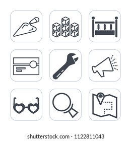 Premium outline, fill icons set on white background . Such as storehouse, factory, speaker, style, tool, music, construction, bed, cassette, hammer, home, equipment, screwdriver, pin, hippie, child