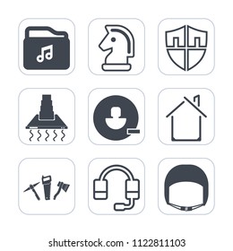 Premium outline, fill icons set on white background . Such as strategy, house, hood, user, headset, call, building, security, microphone, architecture, format, protect, music, avatar, sign, challenge
