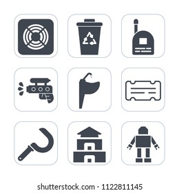 Premium outline, fill icons set on white background . Such as robot, sink, cooling, asia, temple, bathroom, tap, pagoda, game, machine, bin, pistol, recycle, gun, air, sickle, trash, heat, fun, young