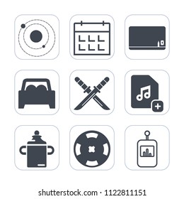 Premium outline, fill icons set on white background . Such as chalk, solar, blank, blackboard, sword, japanese, remote, science, file, planet, milk, galaxy, casino, vehicle, timetable, television, car