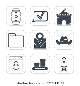 Premium outline, fill icons set on white background . Such as clothing, internet, male, tower, luggage, old, travel, headwear, kingdom, sign, location, paper, hat, hour, medieval, talk, watch, clock