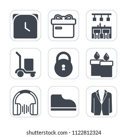 Premium outline, fill icons set on white background . Such as sound, freight, glass, speed, wax, bar, container, safety, decoration, truck, footwear, lock, fashion, minute, clock, present, celebration