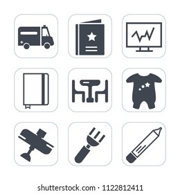 Premium outline, fill icons set on white background . Such as care, sign, people, doctor, airplane, favorite, fork, aircraft, table, child, ambulance, interests, food, diagnostic, office, pencil, book