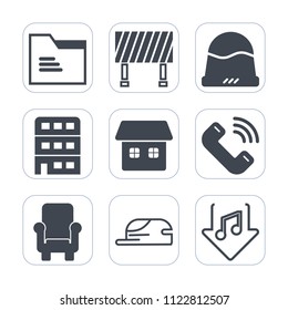 Premium outline, fill icons set on white background . Such as sound, real, armchair, business, home, sign, phone, building, folder, internet, white, fashion, chair, open, clothing, empty, call, bank