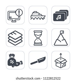 Premium outline, fill icons set on white background . Such as warning, information, pc, nature, unpacking, computer, ship, sky, sweet, dinner, package, display, internet, business, cutlery, sand, data