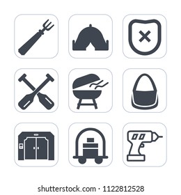 Premium outline, fill icons set on white background . Such as leisure, work, outdoor, meal, canoe, machine, fork, nature, bbq, oar, cooking, summer, security, fashion, baggage, knife, water, tourism