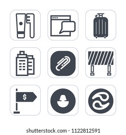 Premium outline, fill icons set on white background . Such as baggage, suitcase, hygiene, finance, message, profile, web, brush, travel, traffic, human, health, location, website, chat, paper, street