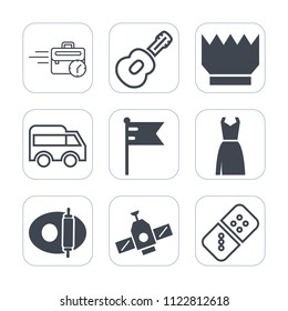 Premium outline, fill icons set on white background . Such as king, sound, cooking, crown, night, flag, technology, luxury, late, computer, musical, food, bus, guitar, dress, kitchen, office, internet