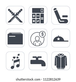 Premium outline, fill icons set on white background . Such as fashion, championship, cap, document, competitive, weapon, competition, sword, japan, finance, musical, music, match, account, sound, team