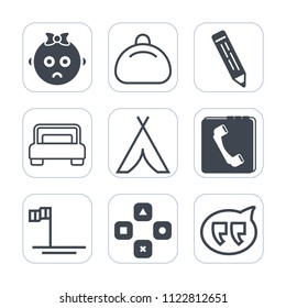 Premium outline, fill icons set on white background . Such as message, fun, camp, chat, blue, phone, double, face, bedroom, cute, outdoor, adventure, sad, play, mexico, little, pencil, white, bubble